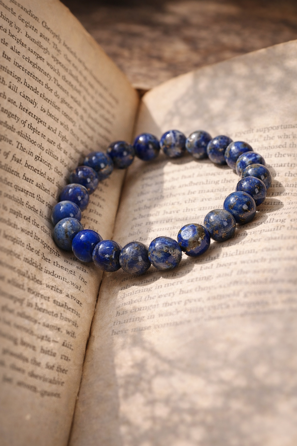 Lapis Lazuli bracelet displayed on an old book