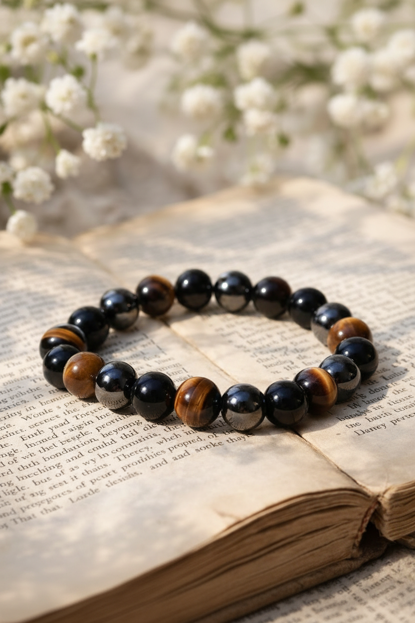 Triple eye bracelet displayed on a book