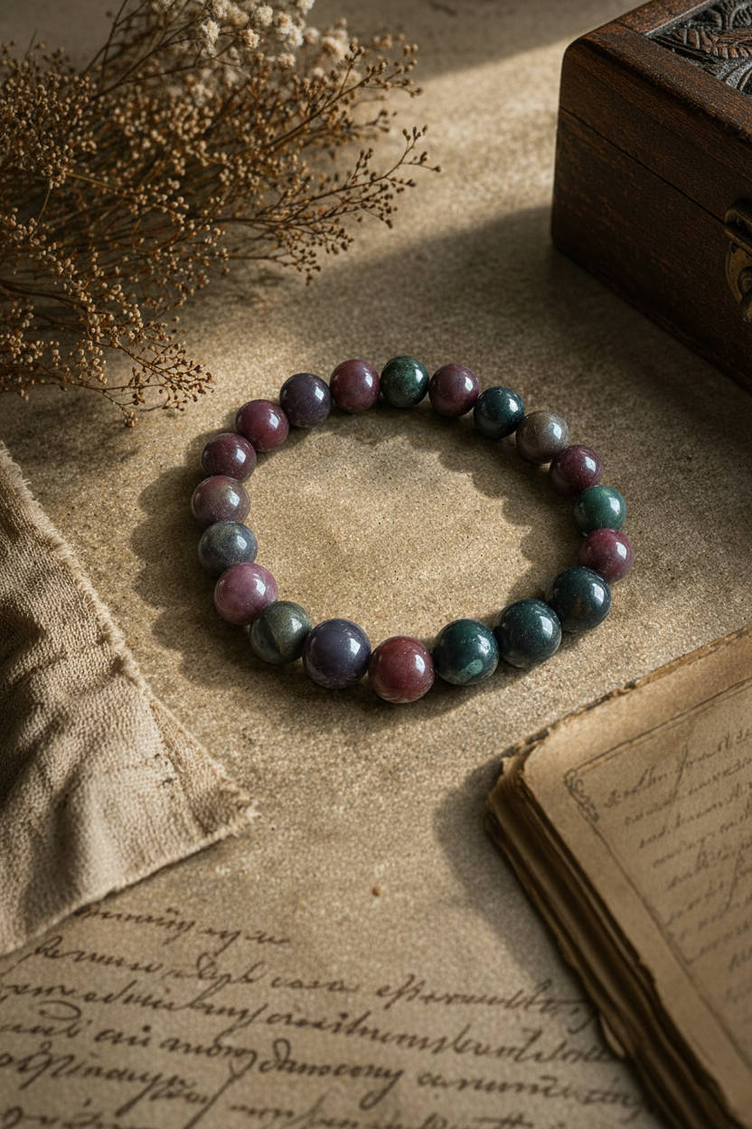 Bloodstone bracelet on an old book with dried flowers and a wooden box.