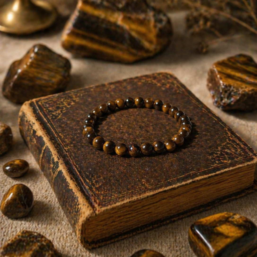 Bracelet with tiger eye stones on an old book surrounded by tumbled stones