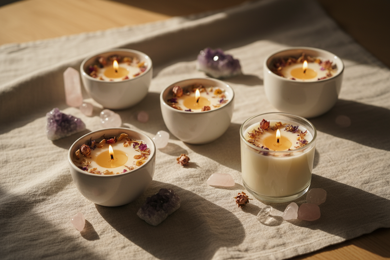 “A cozy aesthetic photo of handmade candles with dried petals and crystals around them. Beige background, warm glow, soft-focus light, and minimalist arrangement. No text.”