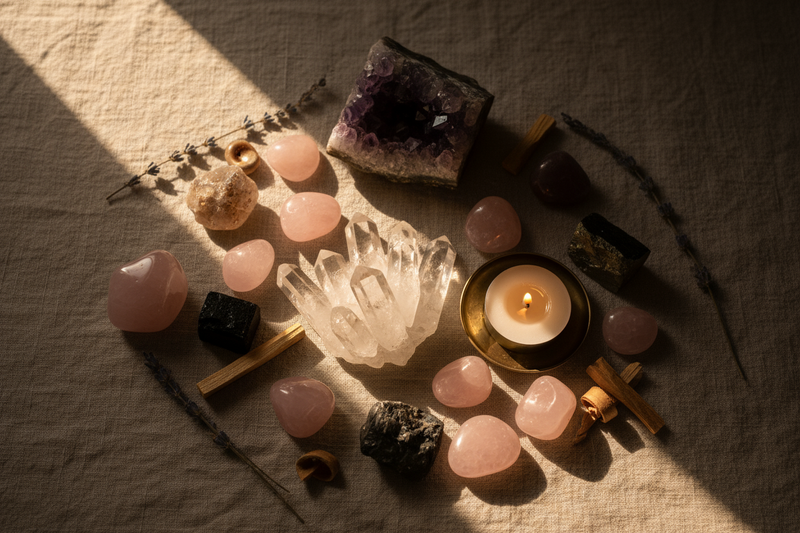 “A detailed flatlay of polished crystals and healing stones placed on a beige linen surface with subtle shadows. Include raw edges, candlelight reflection, and soft golden hues. Artistic and natural look, no text.”