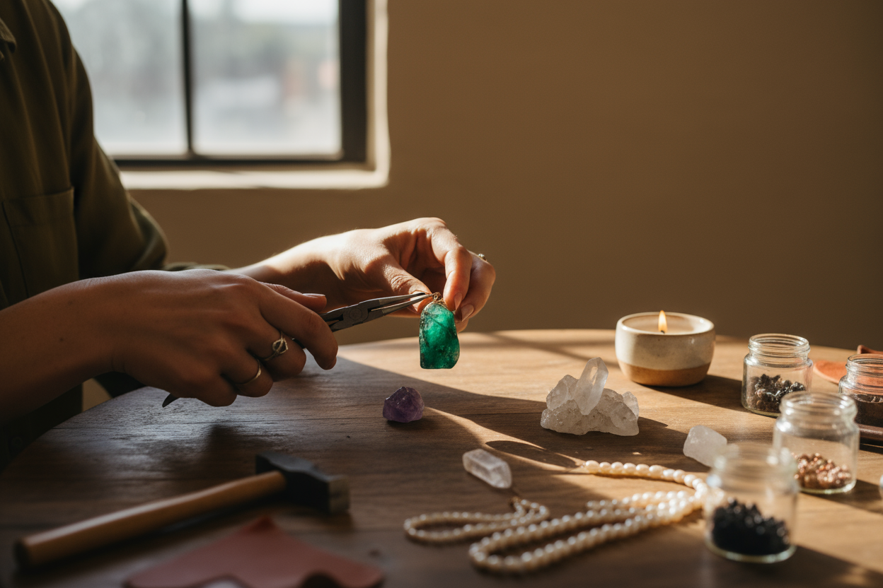 “A warm, natural studio scene showing artisan hands crafting jewelry and arranging crystals and candles on a wooden table. Soft golden-hour lighting, earthy tones, and elegant bohemian atmosphere. Beige background, minimal props, premium handcrafted aesthetic. No text.”