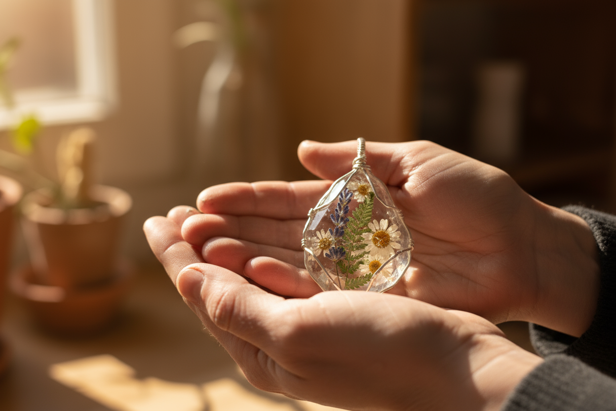 “Artisan hands gently holding a crystal pendant or botanical charm under warm sunlight. Soft golden tones, blurred background, emotional and handcrafted feel. No text.”