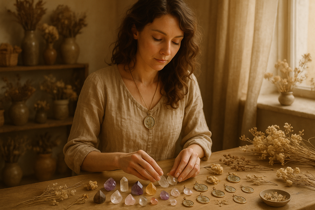 “Artistic female artisan in a cozy studio arranging crystals, dried flowers, and botanical charms, soft natural light, warm beige and gold tones (#EFE5CB, #C2A877), elegant and serene atmosphere, creative workspace, realistic style, depth of field, showcasing mindfulness and nature-inspired craftsmanship.”