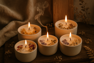 “Artistic photo of hand-poured artisan candles made with natural soy wax, dried flowers, and crystal accents. Candles are lit, with gentle smoke trails and cozy ambient lighting. Background includes soft beige linen, wooden boards, and subtle botanical decor. Mood is warm, peaceful, and inviting — perfect for a mindful lifestyle brand aesthetic.”\