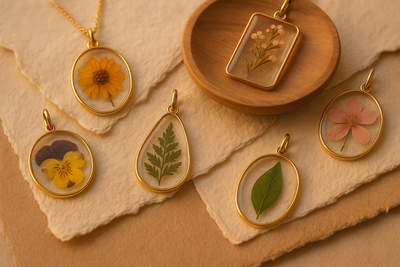 “Close-up flat lay of handcrafted botanical jewelry — real flowers and leaves preserved in resin pendants and gold-plated frames. Display pieces on natural textures like handmade paper or wooden trays. Use soft pastel lighting and a shallow depth of field for a dreamy, organic feel. Emphasize elegance, craftsmanship, and a connection to nature with a warm, golden glow.”