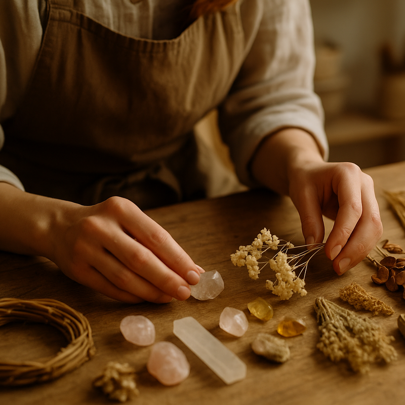 “Close-up of a female artisan’s hands selecting crystals, dried flowers, and natural elements on a wooden table, warm beige and gold tones, soft natural light, cozy creative studio, realistic photography, showcasing careful and mindful selection.”