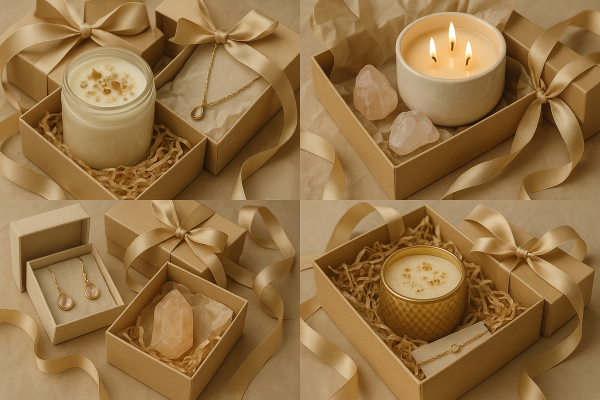 “Collage-style image showing candles, jewelry, and crystals packaged beautifully for gifting, beige and gold tones, elegant handmade brand presentation.”