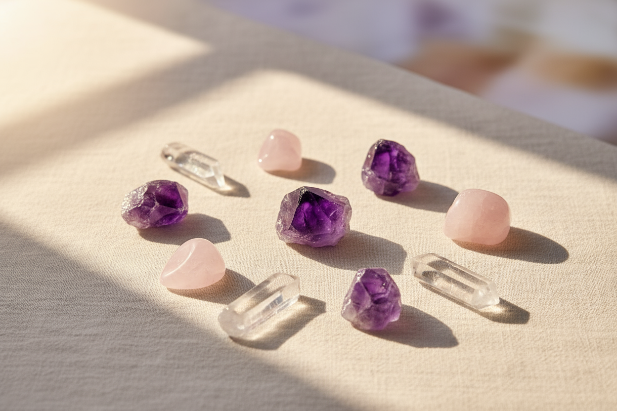 “Create a soft, premium hero banner for a Crystal Care Guide page. Show a flatlay of natural crystals like amethyst, rose quartz, and clear quartz placed on a clean linen surface with warm natural light. Include subtle reflections, pastel tones (lavender, cream, beige), and a peaceful spa-like mood. No text. Center composition, minimal and elegant aesthetic.”