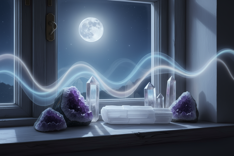 “Create an image of beautiful crystals placed under moonlight or near a window with the moon visible. Add soft glowing light effects around crystals to symbolize energy charging. Use a calm night scene with pastel hues and gentle shadows. No text.”