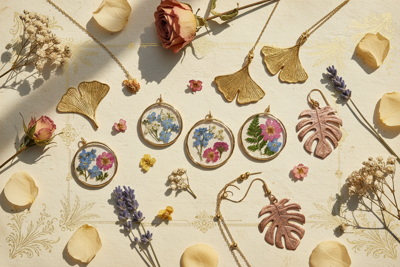 “Elegant flatlay of botanical jewelry — pressed flower pendants and leaf-shaped earrings — arranged on soft parchment background with gold detailing. Add light floral accents and soft sunlight. No text.”
