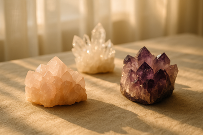 “Elegant product photography of healing crystals displayed on a neutral linen fabric background, featuring clusters of rose quartz, amethyst, and clear quartz. Soft morning sunlight filters through sheer curtains, creating gentle shadows and sparkles. Add a warm, calming tone with hints of gold reflections. Capture an ethereal, spiritual vibe — minimal yet luxurious, styled for an artisan wellness brand.”