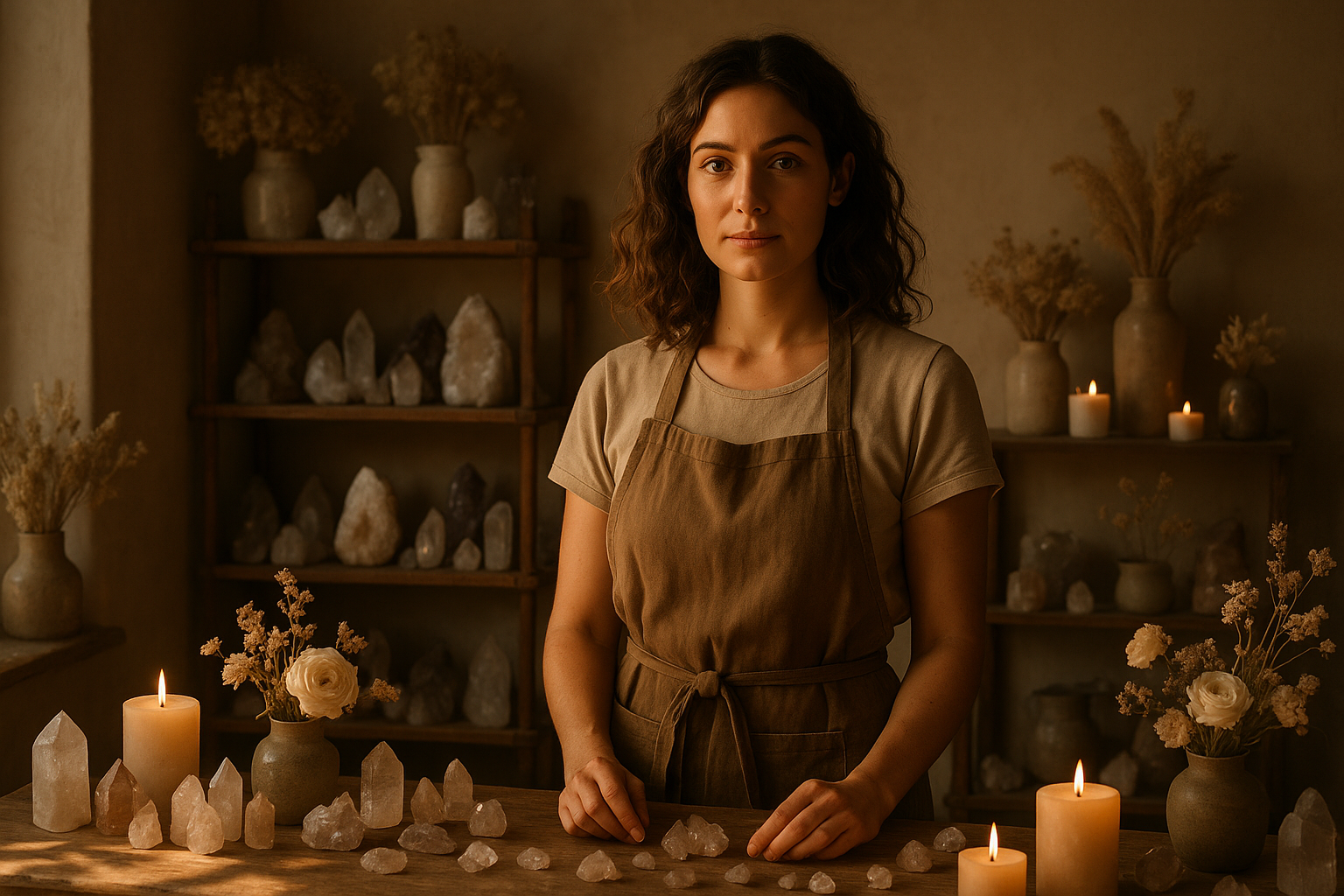 “female artisan founder standing in a cozy natural studio surrounded by crystals, flowers, and candles, warm golden-hour lighting, soft shadows, earthy beige and brown color palette, elegant composition, calm creative atmosphere, realistic photography, depth of field, cinematic tone”