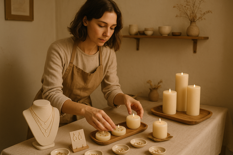 “Female artisan placing finished jewelry pieces or candles on display, adding subtle decorative touches, soft golden lighting, neutral beige and brown tones, highlighting attention to detail and mindful energy, realistic and cozy studio setting.”
