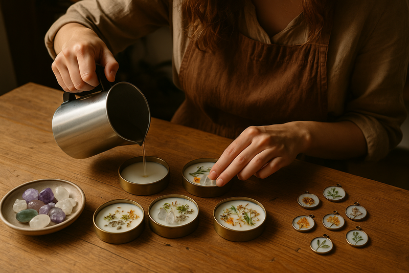 “Female artisan pouring wax into molds, arranging crystals, or assembling botanical charms, hands-on close-up, warm natural light, wooden workspace, calm and creative atmosphere, realistic photography, emphasizing craftsmanship.”