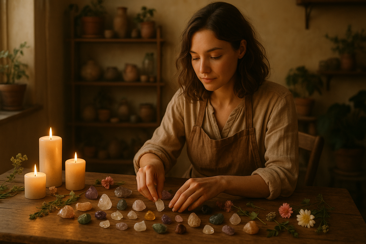 “female artisan sitting at a wooden table arranging crystals, flowers, and candles, warm golden light, soft focus, natural tones of beige and brown, cozy creative studio, storytelling atmosphere, realistic photography, depth and warmth”