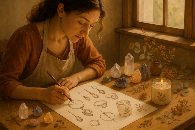 “Female artisan sketching jewelry and candle designs on paper in a sunlit studio, surrounded by crystals and botanical elements, warm earthy tones, soft shadows, artistic and detailed workspace, realistic style.”