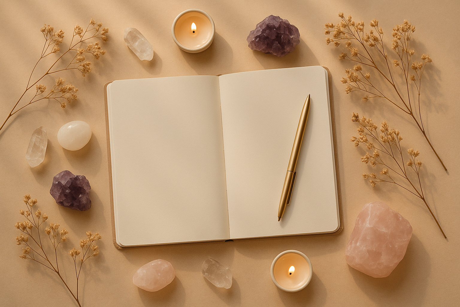 “Flatlay of crystals, dried flowers, and candles around an open notebook and pen, soft beige background, golden light, artistic and minimal composition, cozy and welcoming tone.”