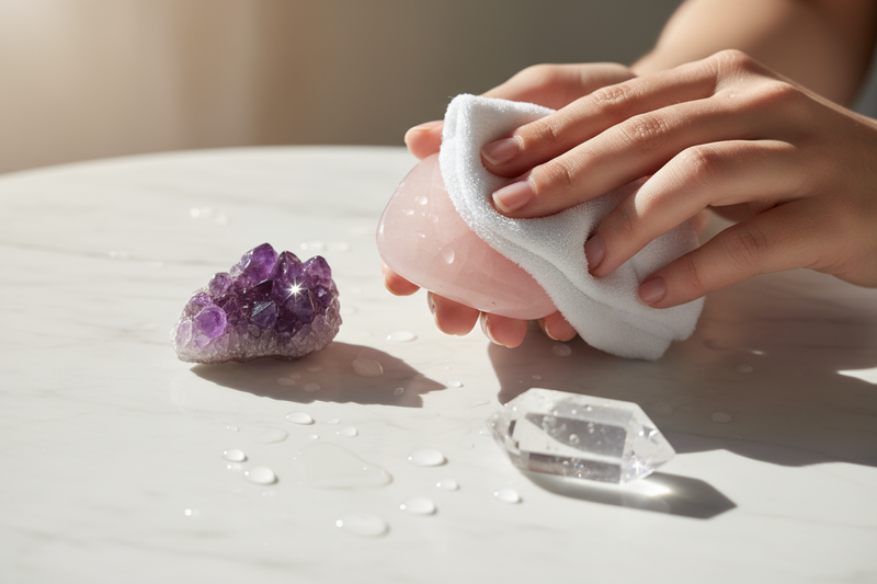 “Show a close-up of hands gently cleaning or wiping crystals like amethyst and rose quartz with a soft cloth over a white marble surface. Add water drops and natural sunlight reflections for a pure, calm look. Minimal background, aesthetic product photography style. No text.”