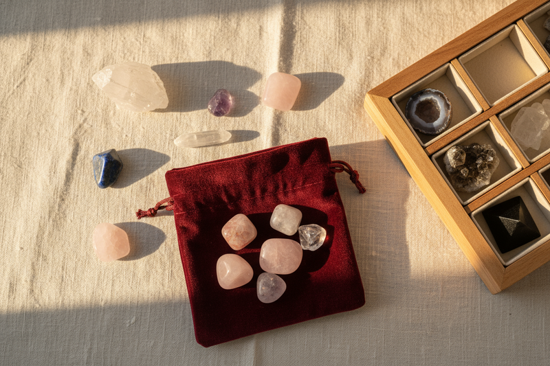 “Show a cozy flatlay of crystals stored in a velvet pouch or wooden jewelry box with compartments. Include warm lighting, linen fabric background, and a few crystals slightly outside the pouch. Soft shadows, high-quality detail, no text, premium minimal style.”